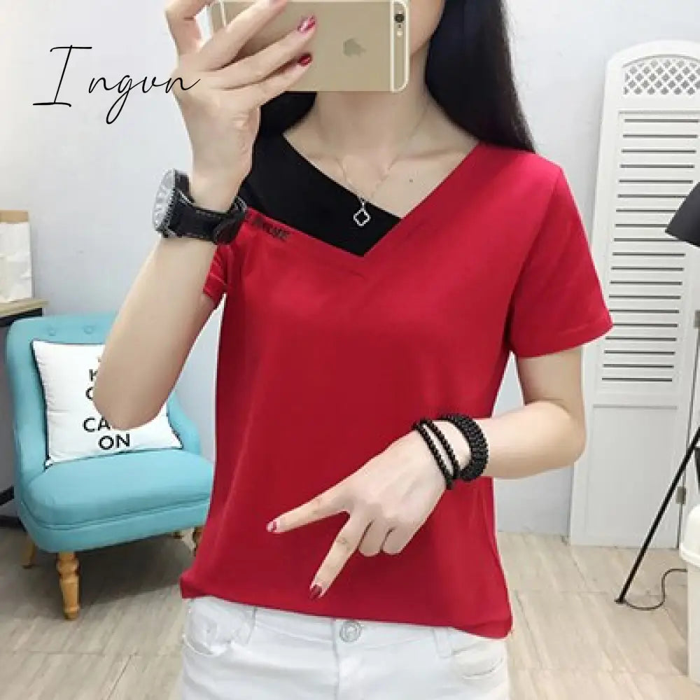 Ingvn - Fake Two Piece Tops Women T-Shirt Off Shoulder Tshirt Short Sleeve V-Neck Korea Fashion Summer Cotton Tee Shirt Femme