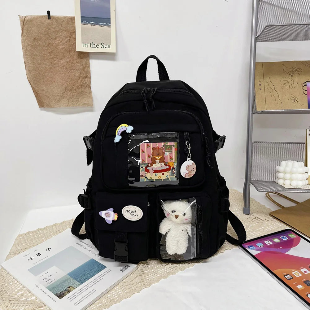 INGVN  Kawaii Aesthetic Women Backpack School Bag for Teen Girls Japanese Korean Rucksack Student Bookbags with Cute Accessor Mochila