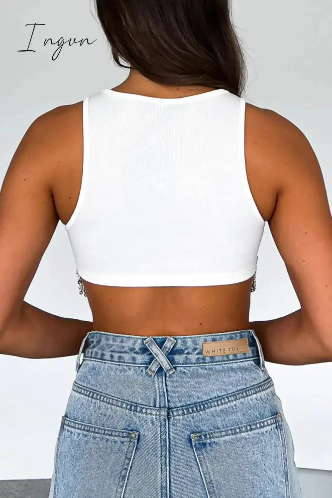 Ingvn - Sexy Solid Tassel Beaded O Neck Tops