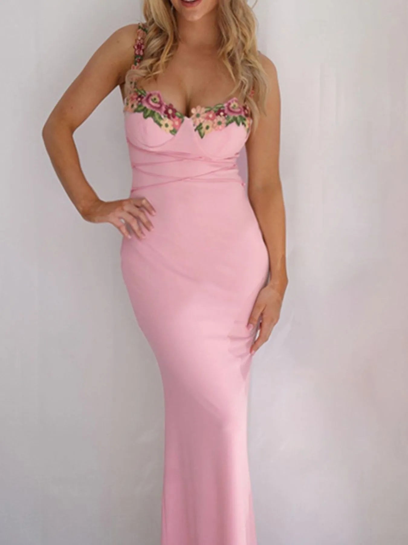 Floral Trim Bodycon Dress with Tie Detail