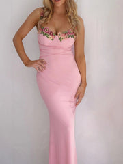 Floral Trim Bodycon Dress with Tie Detail