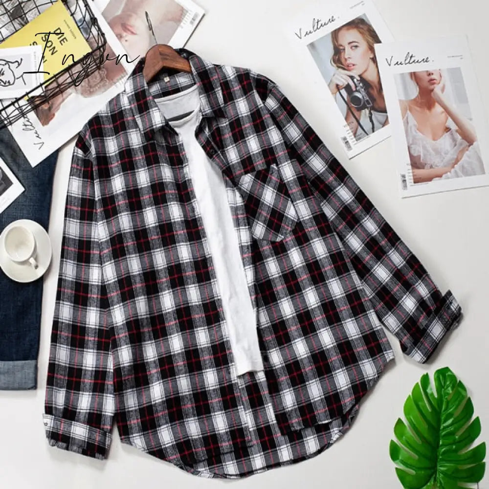 Ingvn - Plaid Shirts Womens Blouses Long Sleeve Lady Checked Tops Loose Female Outwear Casual Clothes Spring Autumn News