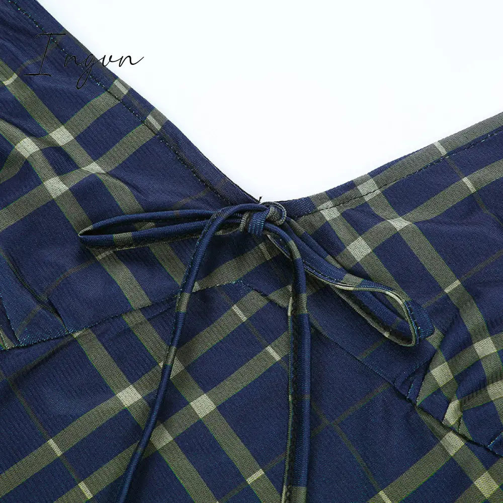 Ingvn - E-Girl 90s Spaghetti Strap Bandage Front Ruffles Plaid Dresses Vintage Mesh V-neck Backless A-line Mini Dress Partywear
