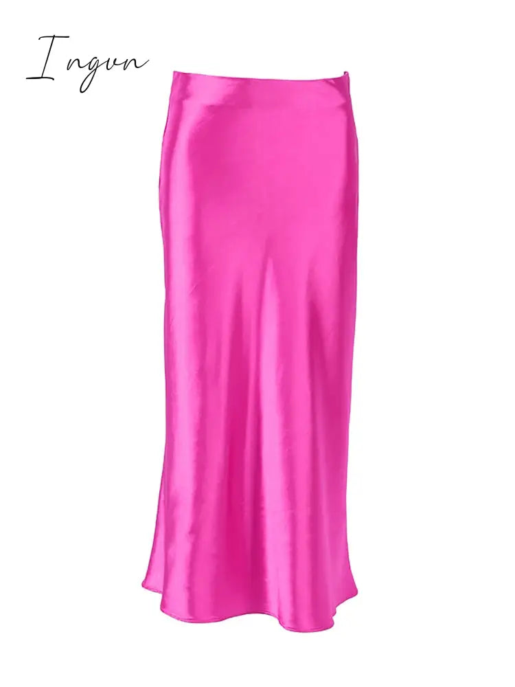 Ingvn - Solid Purple Satin Silk Skirt Women High Waisted Summer Long Skirt New Elegant Ladies Office Skirts Midi Spring