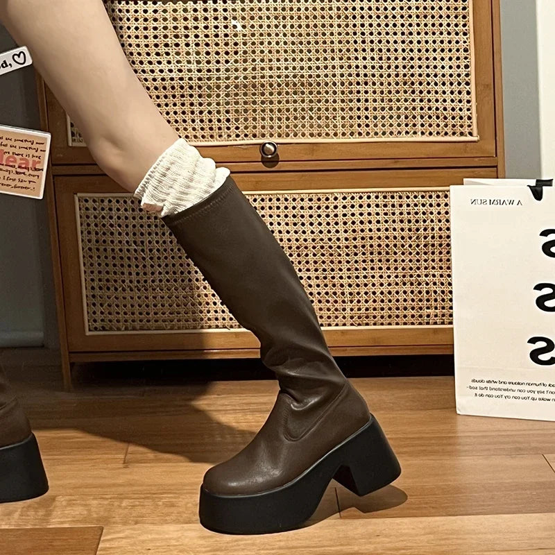 Ingvn  Platform Square Heel Women Knee High Boots Fashion Round Toe Zippers Shoes Autumn Laides Concise Long Botas De Mujer