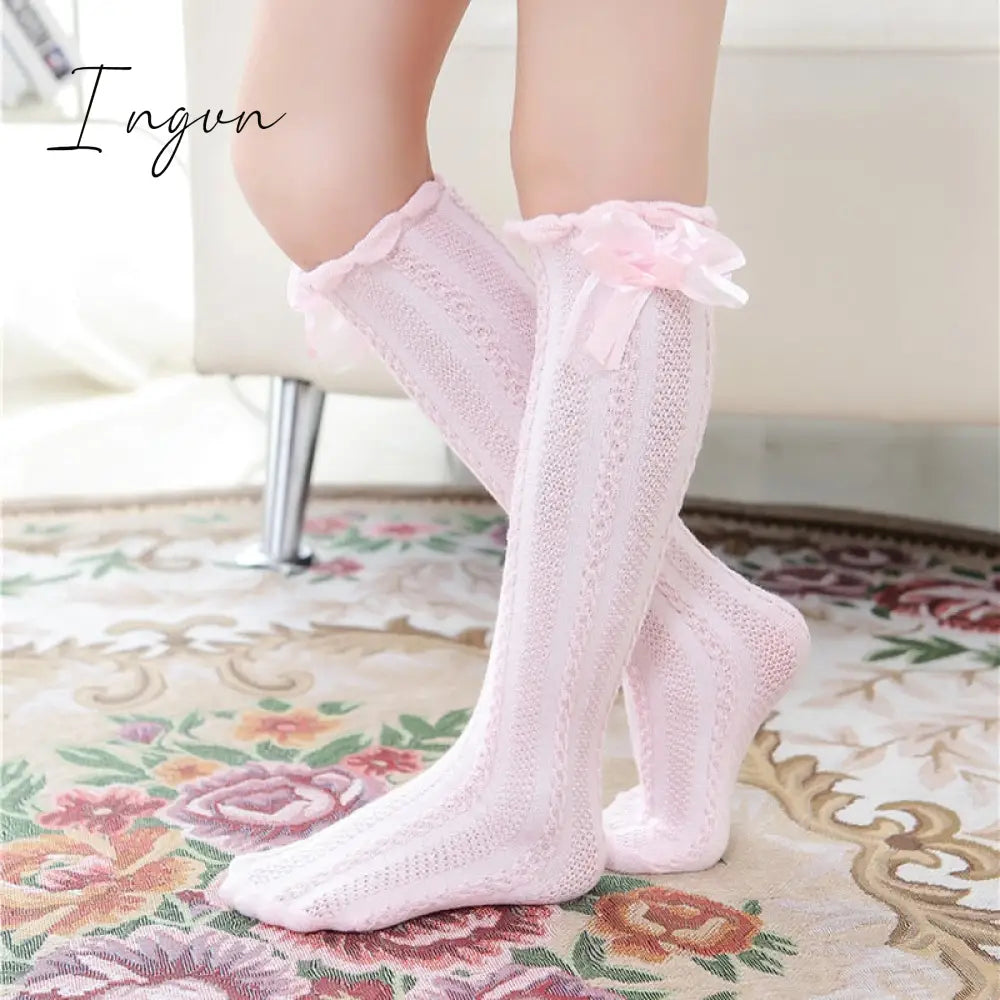 Ingvn - Spring Summer Girls Knee High Socks for Kids Children Bowknot Mesh Breathable Long Tall Socks White Gray Black Pink 3-12 Years
