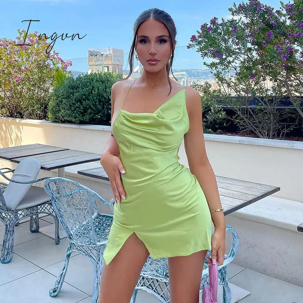 Ingvn - Satin Sexy Backless Slit Women Dress Green Spaghetti Strap Hollow Out Dresses Women Summer Skinny Fashion Party Clubwear