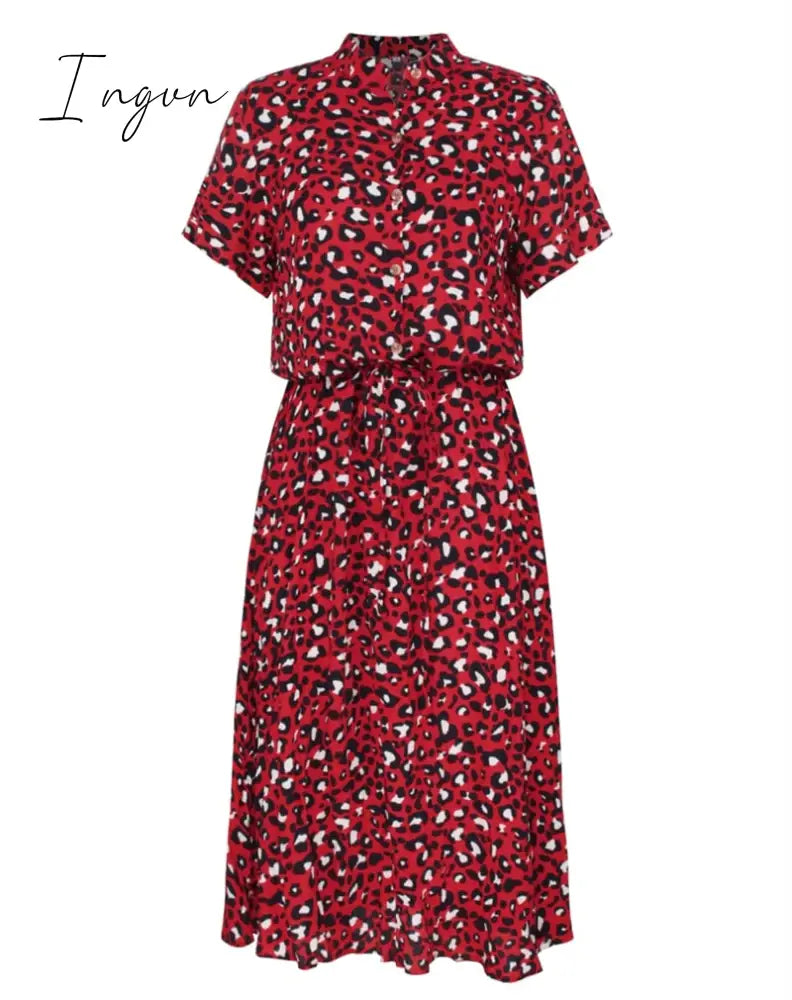 Ingvn - Ladies Bohemian Leopard Print Shirt Dress Women Casual Midi Holiday Summer Dress Female A-line Loose Women Beach Dress Vestidos
