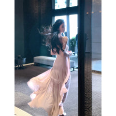 Elegant Wedding Evening Party Midi Dresses for Women Summer New Spliced Mesh French Sexy Sleeveless Pink Female Clothing