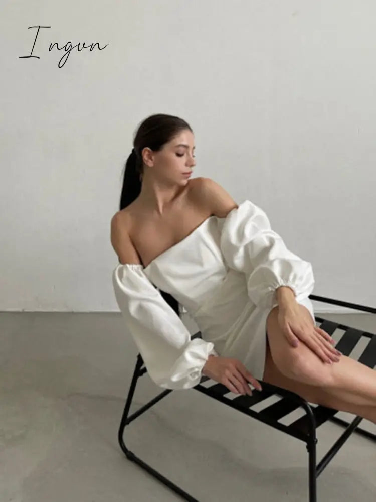 Ingvn - Women Sexy Off The Shoulder White Dress Elegant Puff Sleeve High Waist Mini Party Bodycon Dress Summer New Fashion Dresses