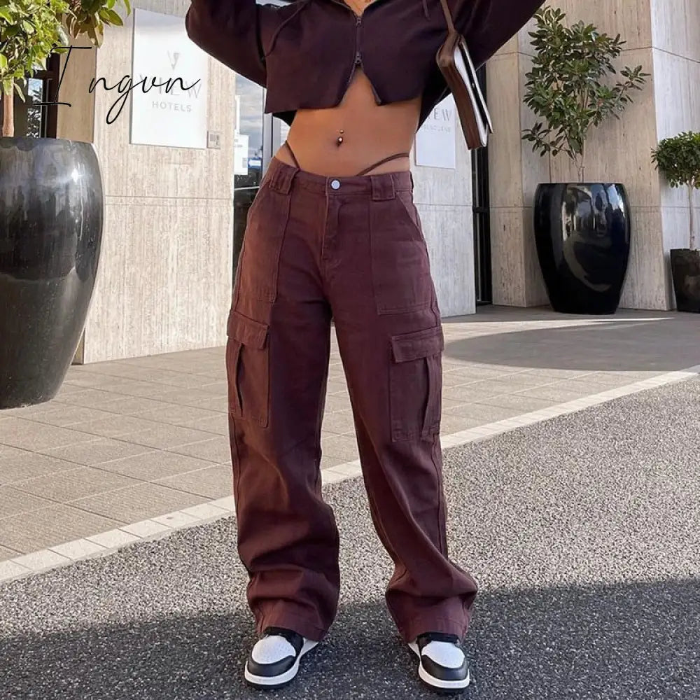 Ingvn - Y2k Cargo Pants Women's Jeans New Fashion Baggy Jeans Denim Overalls 90s Low Rise Pocket Straight Leg Trousers Streetwear