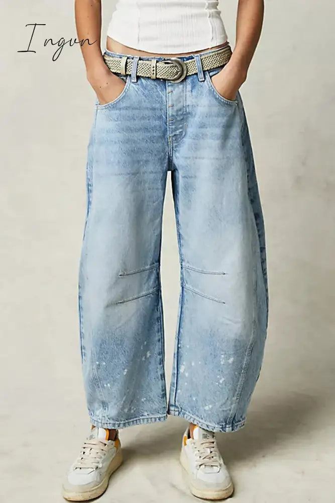Ingvn- Casual Vintage Solid Pocket Without Belt Mid Waist Loose Denim Jeans(No Belt)