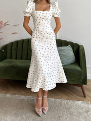 New Fashion Womens Summer Midi Dress Casual Short Puff Sleeve Floral Print A-Line Dress Elegant Flowy Dress Hot Sale S M L