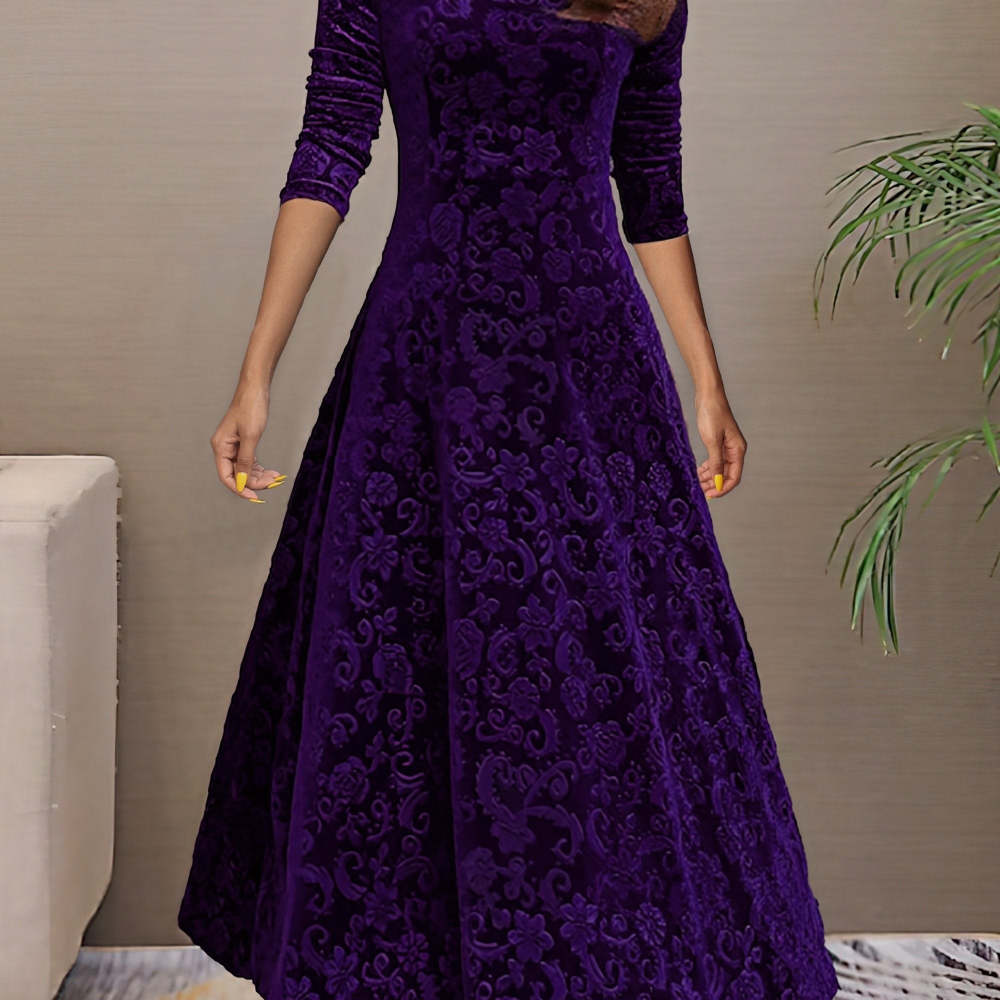 Vibrant Polyester Long Sleeve V-Neck Flared Dress - Elegant, High-Elasticity, Random Print, Machine Washable, All-Season Apparel for Women - Perfect for Spring and Fall Occasions