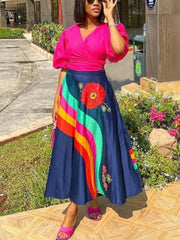 Ingvn - Summer Dresses for Women 2 Piece Outfits Pink Puff Sleeve Wrapped Tops and Midi Printed Swing Skirt Casual Festival Clothing