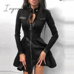 Ingvn - Sexy Stand Collar Print Zipper Long Sleeves Mini Dress Casual Autumn Winter Fashion Pocket Pu Leather Dress Elegant Slim Dresses