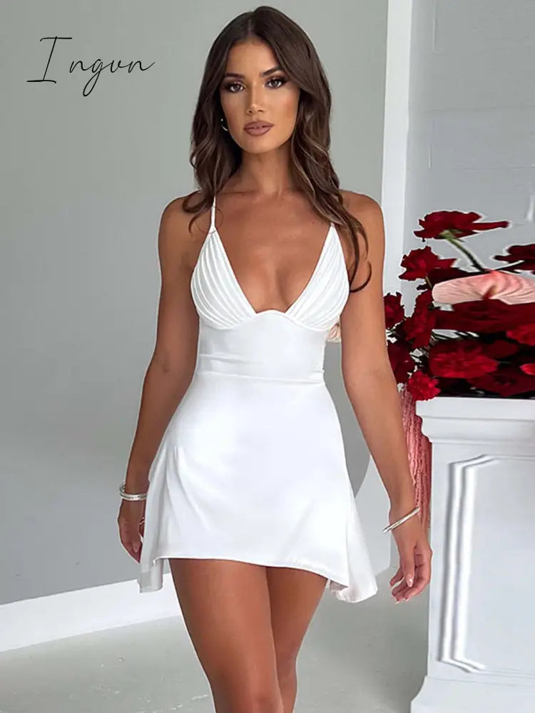 Ingvn - Satin Spaghetti Strap Sexy Mini Dress Women Robe Summer New Deep V Neck Sleeveless backless Club Party Dress Vestido