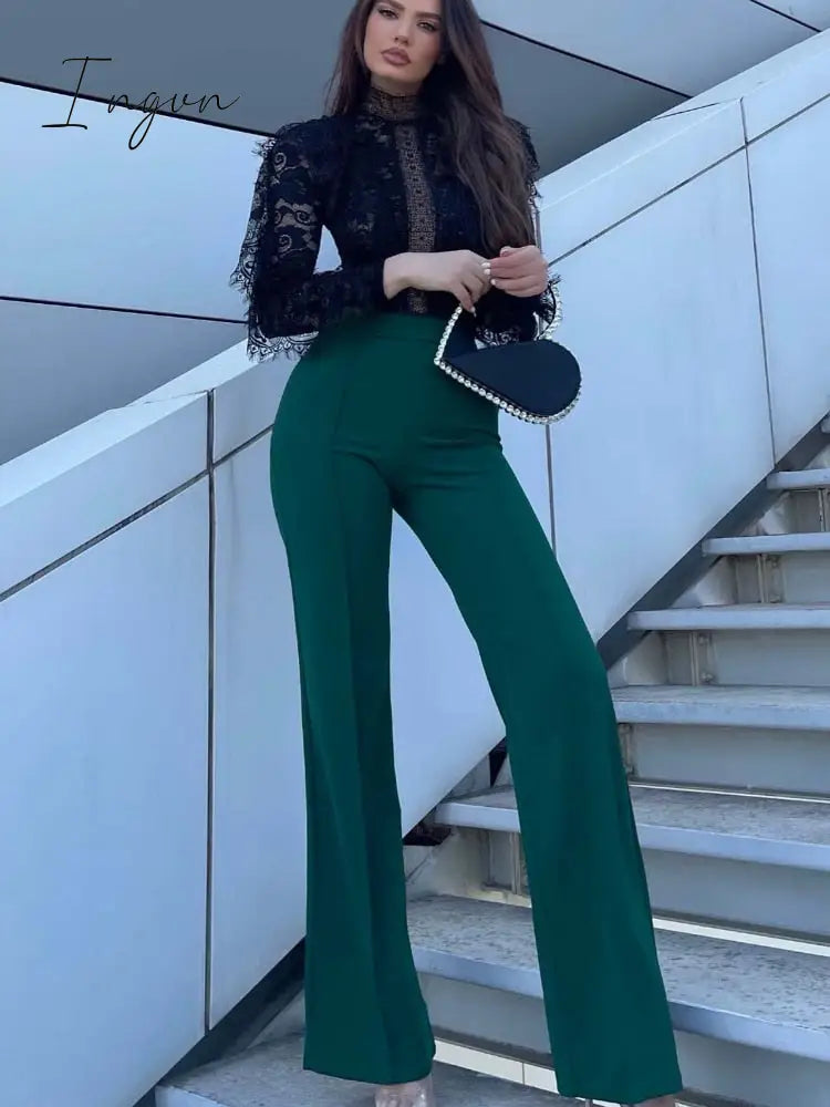 Ingvn - Spring  Autumn New Slim Solid Tone Flare Pants Fashion Korean Version Elastic Waist Street Dress Women Suit Wide Leg Pants