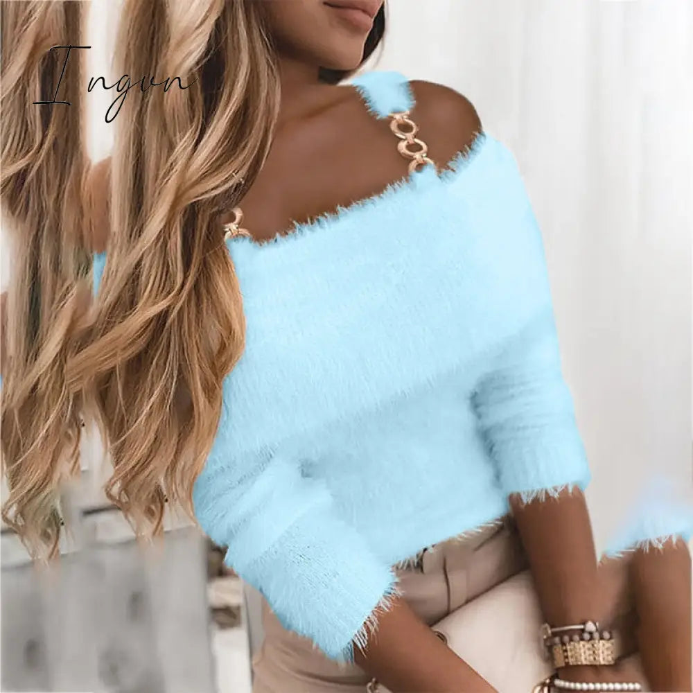 Ingvn - Elegant Off Shoulder Knitted Sweater Women Winter Slim Oversized Sweaters Pullovers Autumn Solid Color Jumper Pull Femme