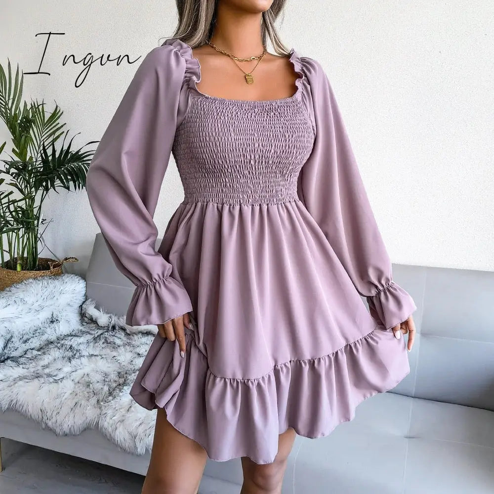 Ingvn - Spring and summer hot style long sleeve ruffled dress