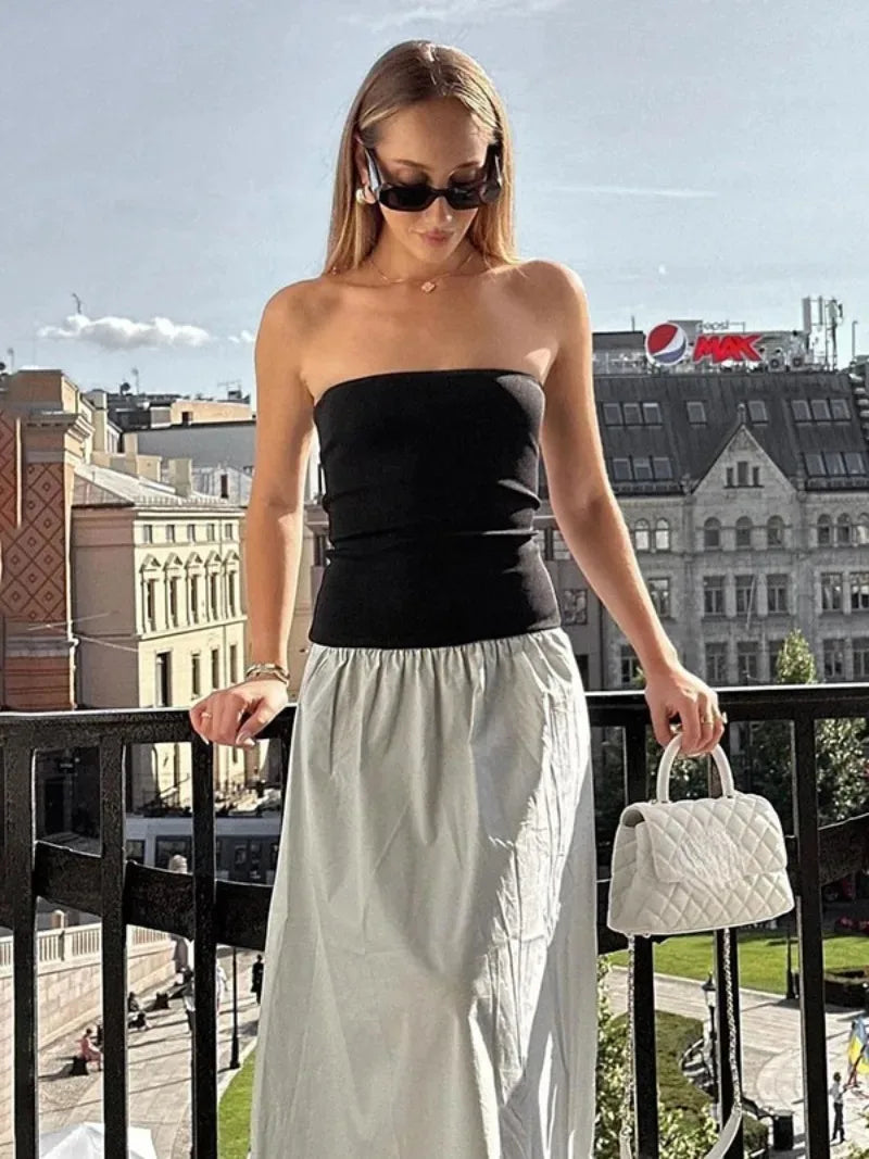 Ingvn  Woman Clothing Vintage Strapless Print Patchwork A-line Holiday Dress Female Sexy Sleeveless Black Long Party Evening Dresses