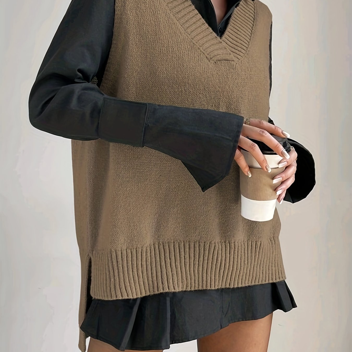 Plus Size Women's Solid V Neck Casual Sweater Vest - High Low Hem, Slight Stretch, Knit Fabric, Comfortable Fit