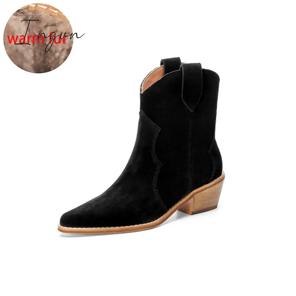 Ingvn - Winter Classic Chelsea Boots for Woman Cow Suede Pointy toe Wedge Heel Ankle Boots Simple Comfortable Cowboy Boots Female