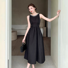 Elegant Black Midi Dress for Women Summer New Fashion Sleeveless A-line Pleated Solid Office Casual Korean Female Clothing
