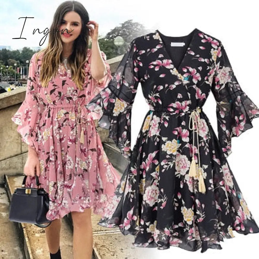 Ingvn - Chiffon High Elastic Waist Party Dress Bow A-line Women Butterfly Sleeve Flower Print Floral Boho Dress Female Vestido Plus Size