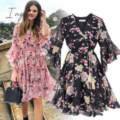 Ingvn - Chiffon High Elastic Waist Party Dress Bow A-line Women Butterfly Sleeve Flower Print Floral Boho Dress Female Vestido Plus Size