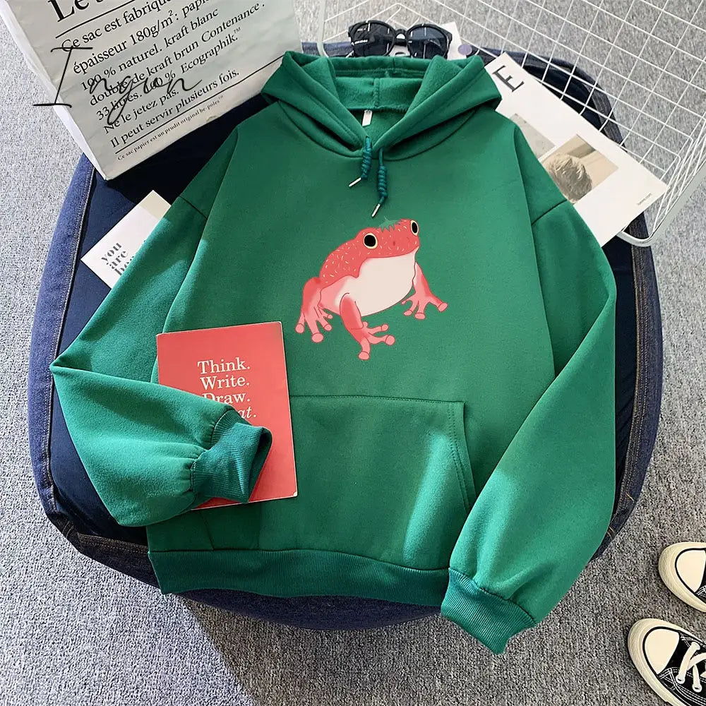 Ingvn - winter night out outfit Frog Sweatshirt Oversized Clothes Harajuku Long Sleeve Hooded Kawaii Hoodie for Girls Women Hoodies Pocket Pink Sweatshirts