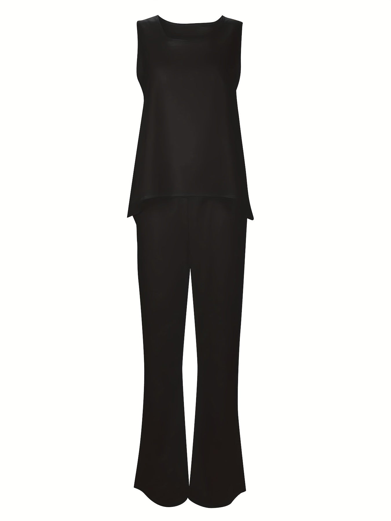 Plus Size Casual Outfits Two Piece Set, Women's Plus Solid Round Neck Tank Top & Wide Leg Pants Outfits 2 Piece Set