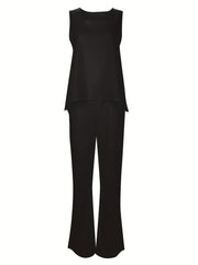 Plus Size Casual Outfits Two Piece Set, Women's Plus Solid Round Neck Tank Top & Wide Leg Pants Outfits 2 Piece Set
