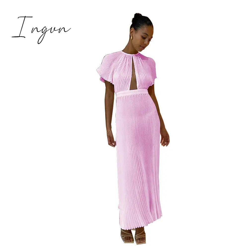 Ingvn - Casual Hollow Out Pleated Dress For Women Fashion Flare Sleeve Backless A Line Dresses Spring summer O Neck Office Lady dress