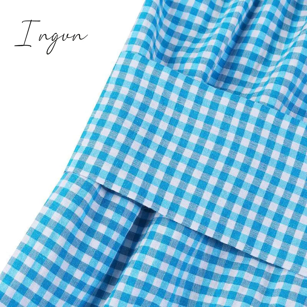 Ingvn - Spring Shirt Dress Women Long Sleeve Party Dresses Casual Lapel Button Vintage Belted Pockets Sundress Plaid Printed Robes