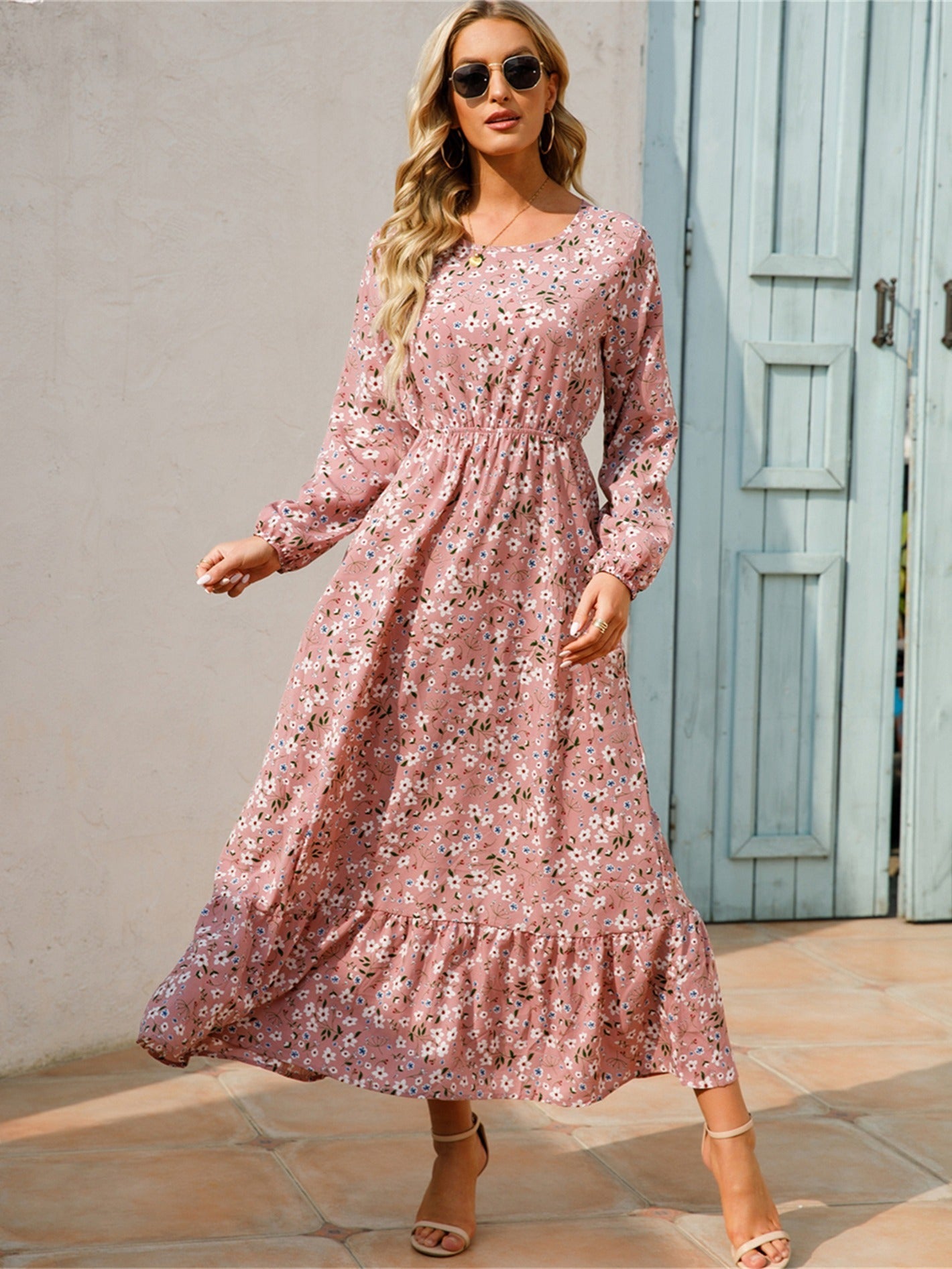 Vibrant Floral Print Long Sleeve Crew Neck Ruffle Dress - Flowy, Bohemian Chic, Casual, Comfortable, Women's Long Dresses for Daily Wear - Perfect for Spring, Summer, and Autumn Seasons