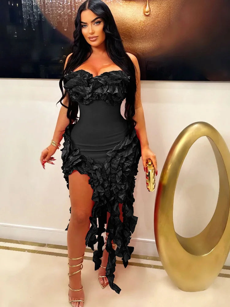 Women Summer Strapless Ruffles Tassel Dress Girls Glamour Red Flower Irregular Party Dress Celebrities Outfits Clubwear