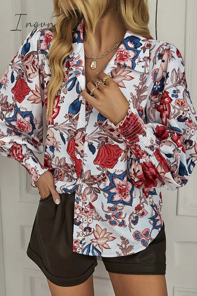 Ingvn - Bohemian Floral Buttons Shirt Collar Tops
