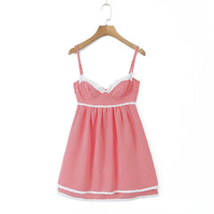 Women Lace Spliced Plaid Sling Mini Dress Sexy Sleeveless Back Lacing Up Ladies Party Skater Robe Summer Dresses
