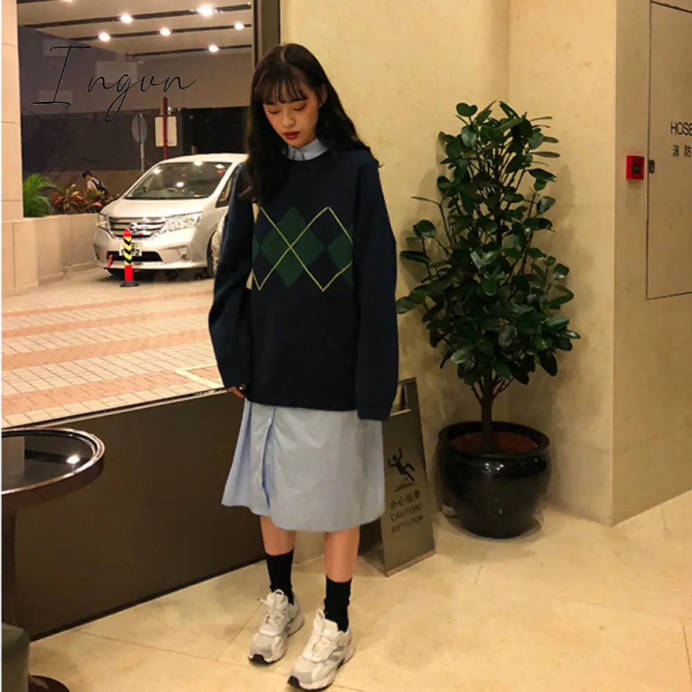 Ingvn - Women Knitted Sweater Fashion Oversized Pullovers Ladies Winter Loose Sweater Korean College Style Women Jumper Sueter Mujer