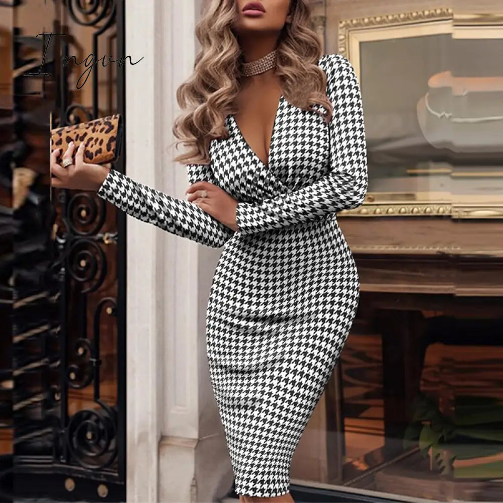 Ingvn - Women Sexy Deep V Neck Slim Club Party Dress Spring Fall Elegant Long Sleeve Midi Dresses Fashion Sequin Patchwork Bodycon Dress