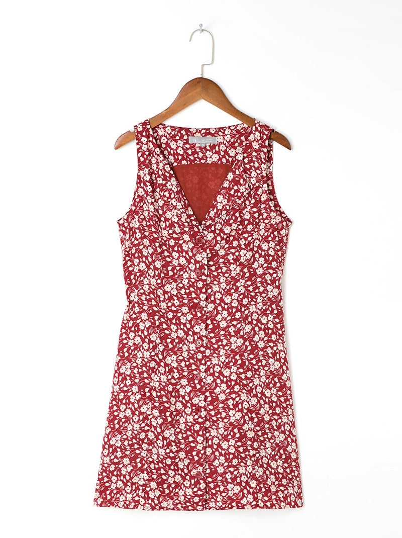Summer Clothes For Women Elegant Vintage Floral Dress V Neck Sleeveless Button Back Waist Tie Mini Dress Vacation Beach Dress