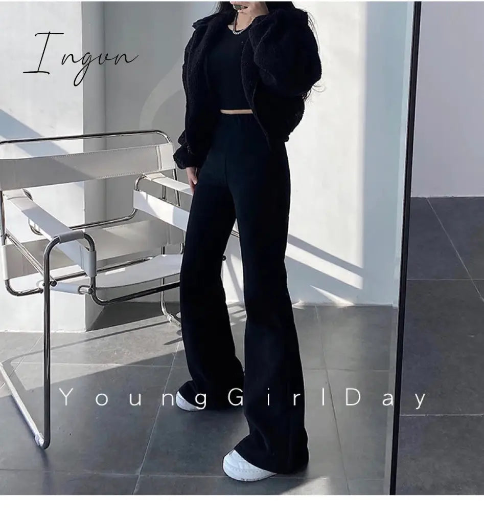 Ingvn - New High Street Elastic Waist Solid Color Flare Pants For Women Spring Autumn Thick Casual Female Trouser BSXM new years eve outfits women