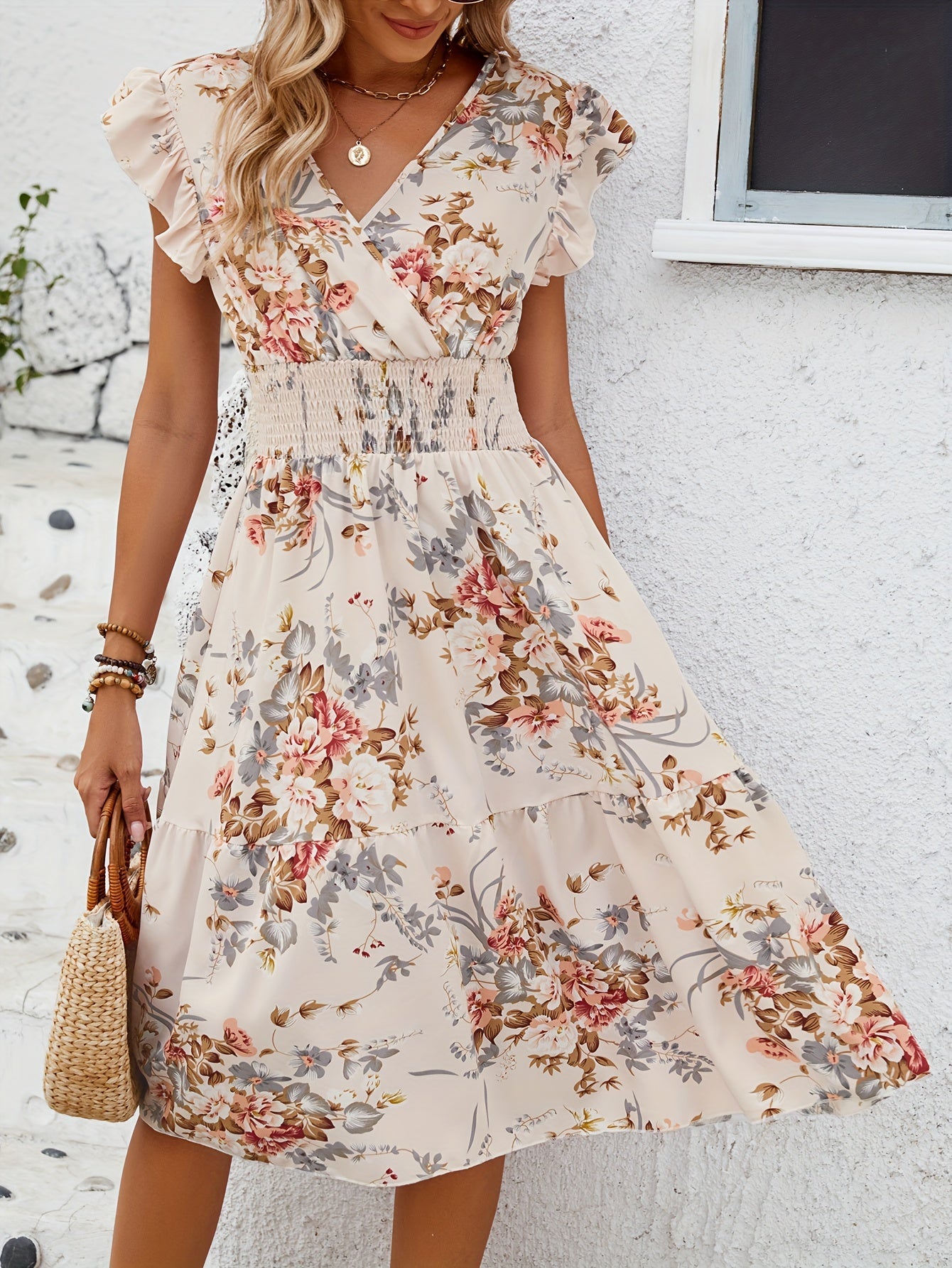 Elegant Peplum A-Line Dress with Crisscross Neck - Shirred Waist, Micro Elasticity, Semi-Sheer, Floral Random Print - Machine Washable, Customized, Spring/Summer Womens Clothing