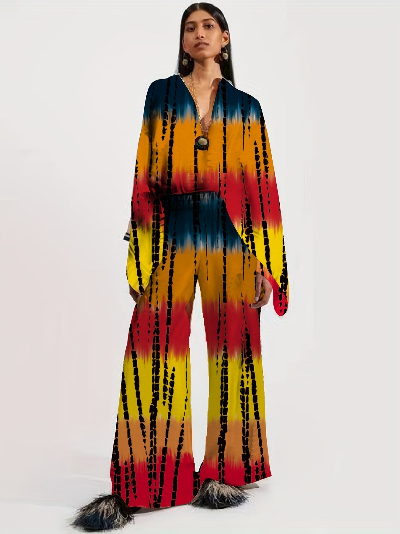 Two-piece Set, Long Sleeve Ethnic Print High Waist Wide Leg Pants Outfits, Button Front Blouse Women's Clothing