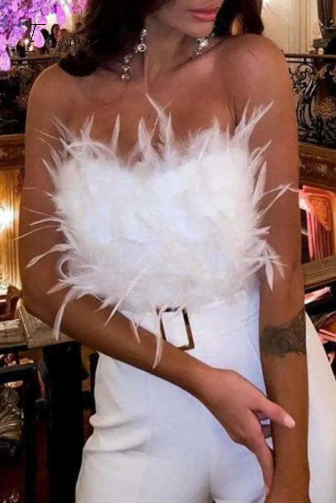 Ingvn - Sexy Feathers With Belt Strapless Jumpsuits(5 Colors)
