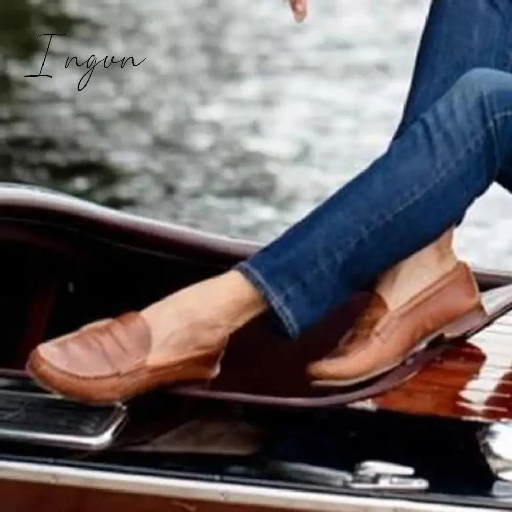 Ingvn - Women Vintage Slip On Loafers Low Heel Pu Leather Loafers