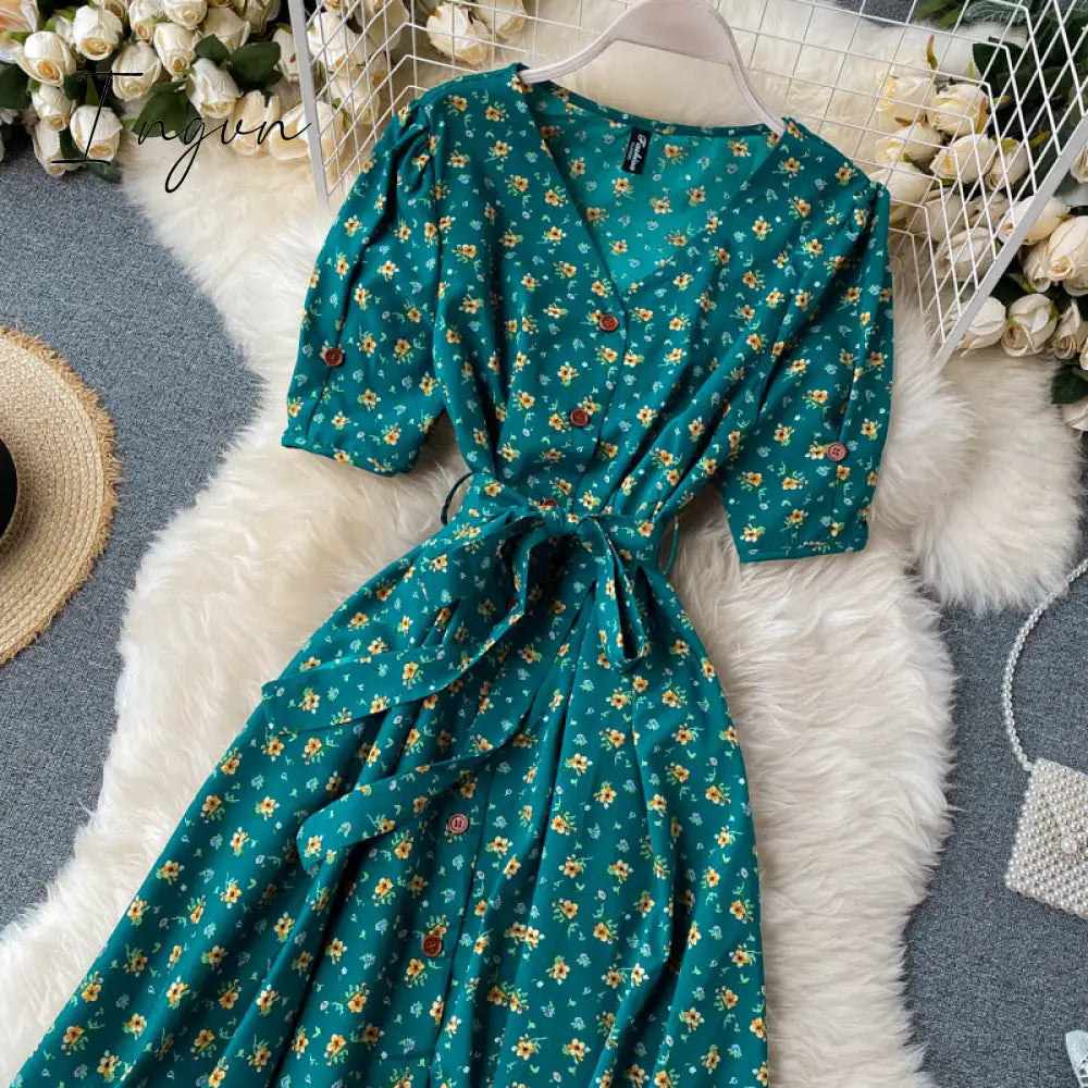 Ingvn - beach Red elegant sexy Dress women Summer Autumn V-neck polka dot midi dress waist split dress vestidos de fiesta clothes