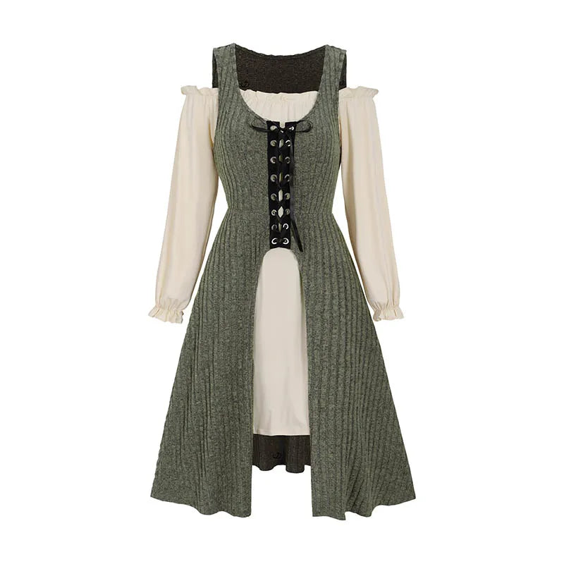 2025 Women's Dresses Sets Off The Shoulder Ruffles Mini Dress And Lace Up Ribbed Top Two Piece Set Long Sleeve Dress