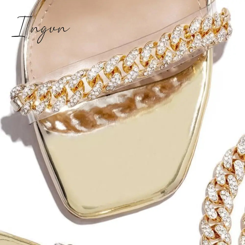 Ingvn - Gold-Tone Chain Embellished Ankle Strap Chunky Heels